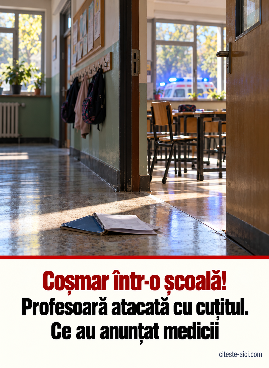 Profesoara atacată cu cuțitul la Bistrița a fost operată. Ce au transmis medicii după incidentul din școală — ilustrație editorială Citește Aici