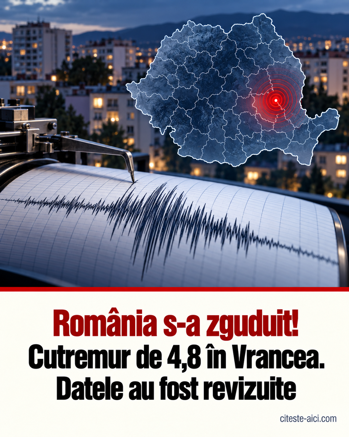 Cutremurul de 4,8 din 19 octombrie: ce arată evaluarea revizuită a INFP și de ce diferă primele date — ilustrație editorială Citește Aici