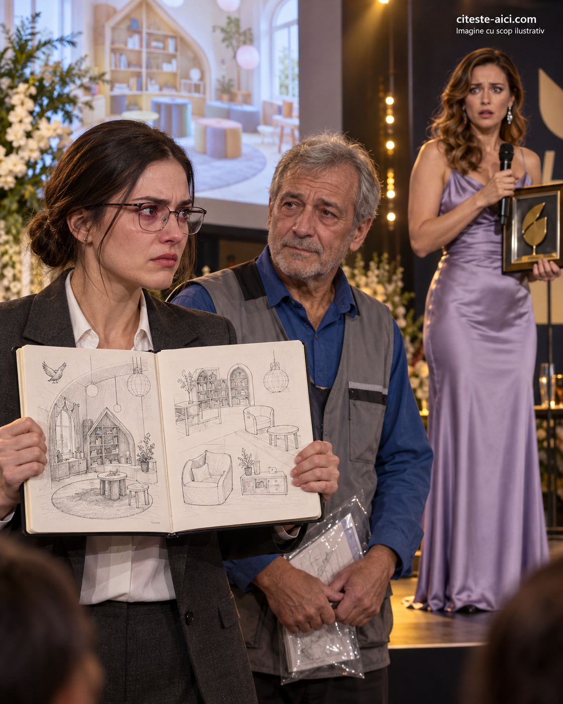 Ilinca își recuperează caietul cu schițe în timpul unei gale la care șefa ei primește premiul pentru proiect.