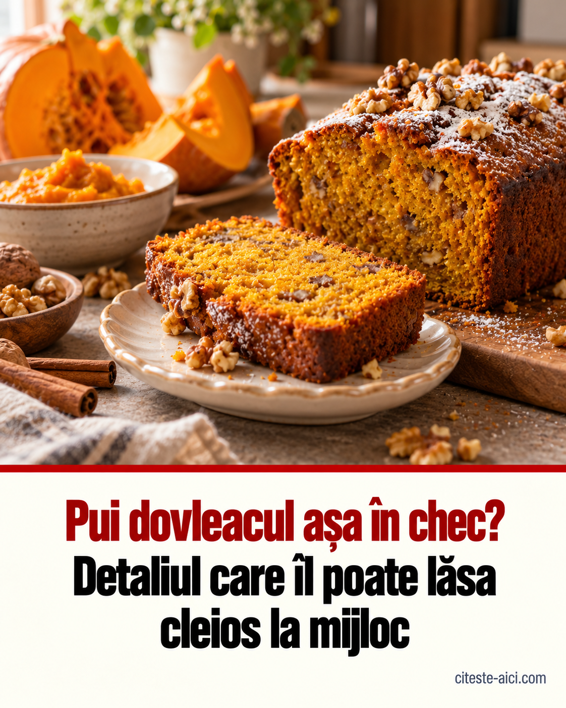 Pui dovleacul prea apos în chec? Cum pregătești piureul pentru un miez copt și aromat — ilustrație editorială Citește Aici