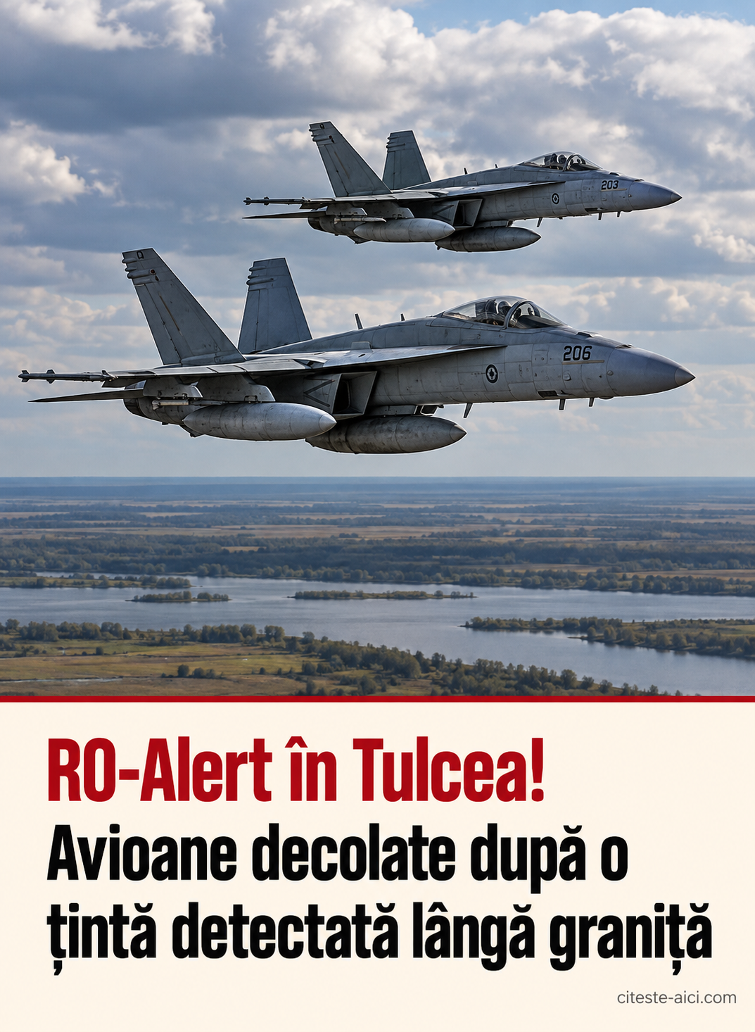 RO-Alert în Tulcea! — Avioane decolate după o — țintă detectată lângă graniță. Imagine ilustrativă realizată cu AI pentru Citește Aici. Nu este o fotografie documentară a unui eveniment real.