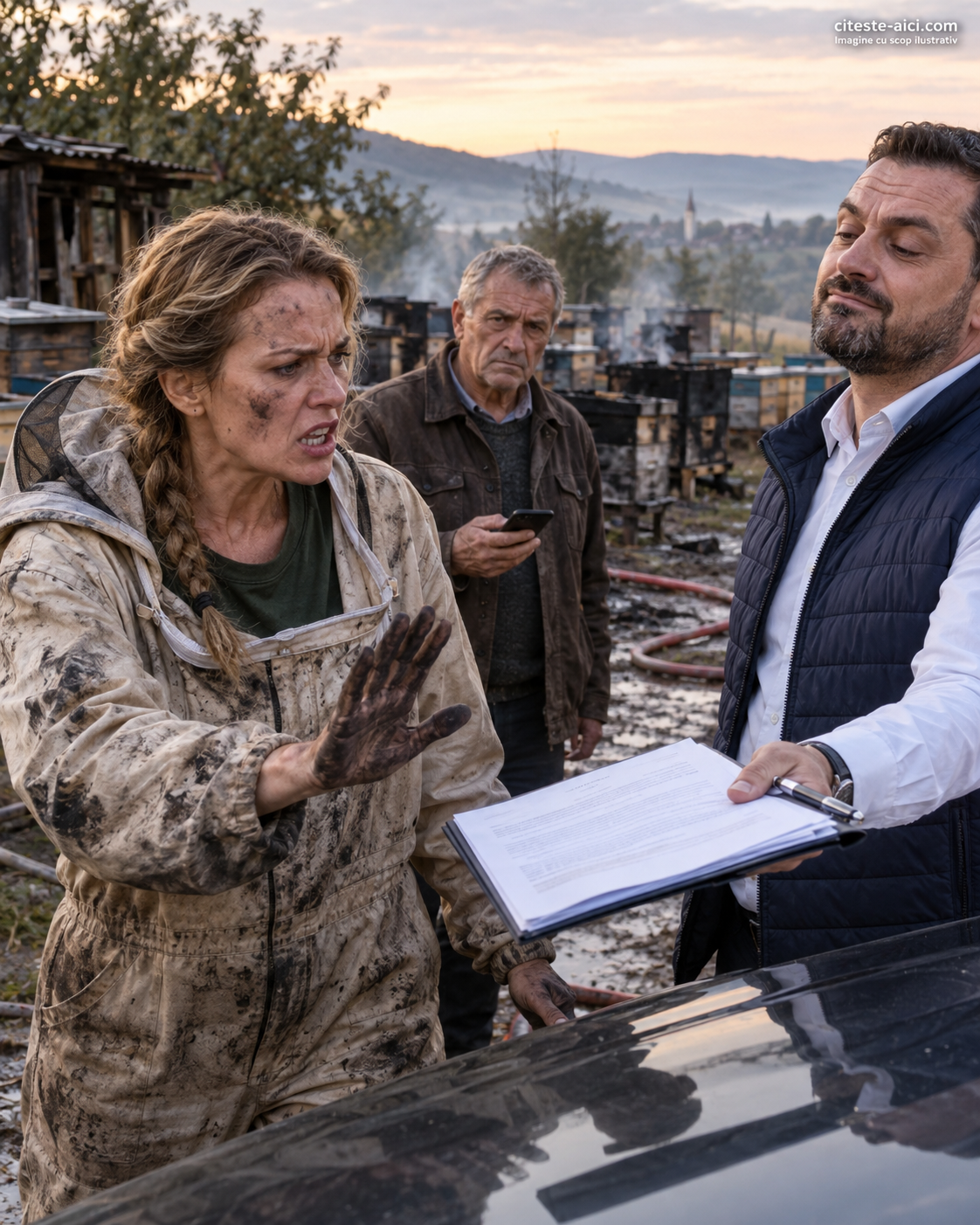 O apicultoare plină de cenușă îl confruntă pe fratele care îi întinde o ofertă de cumpărare, lângă stupii înnegriți de incendiu.