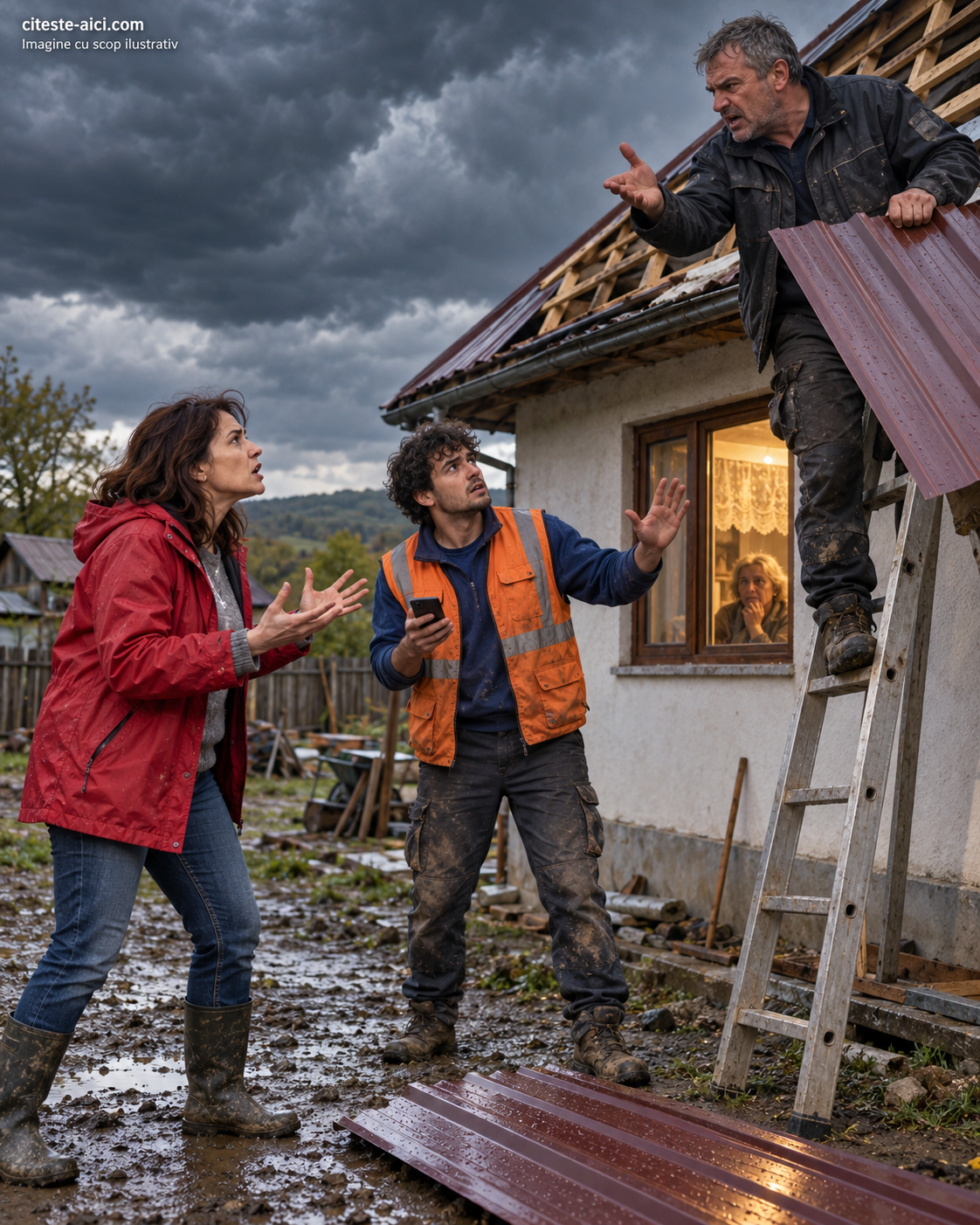 Înaintea unei furtuni, o femeie îl confruntă pe constructorul care desprinde tabla de pe acoperiș; un muncitor tânăr încearcă să-l oprească.