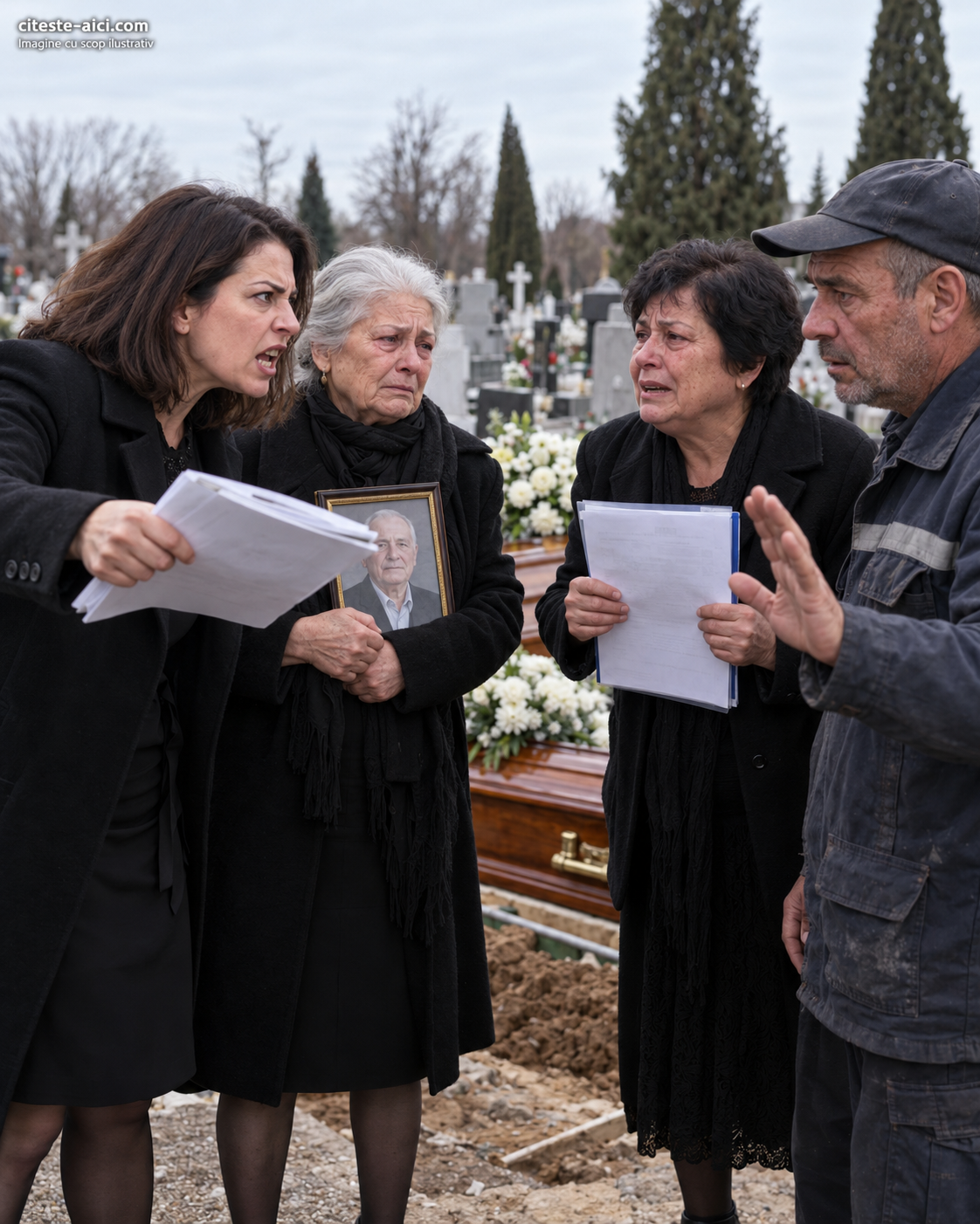 Două familii îndoliate arată documente pentru același loc de veci, în timp ce un gropar încearcă să oprească discuția; o mamă ține portretul soțului.
