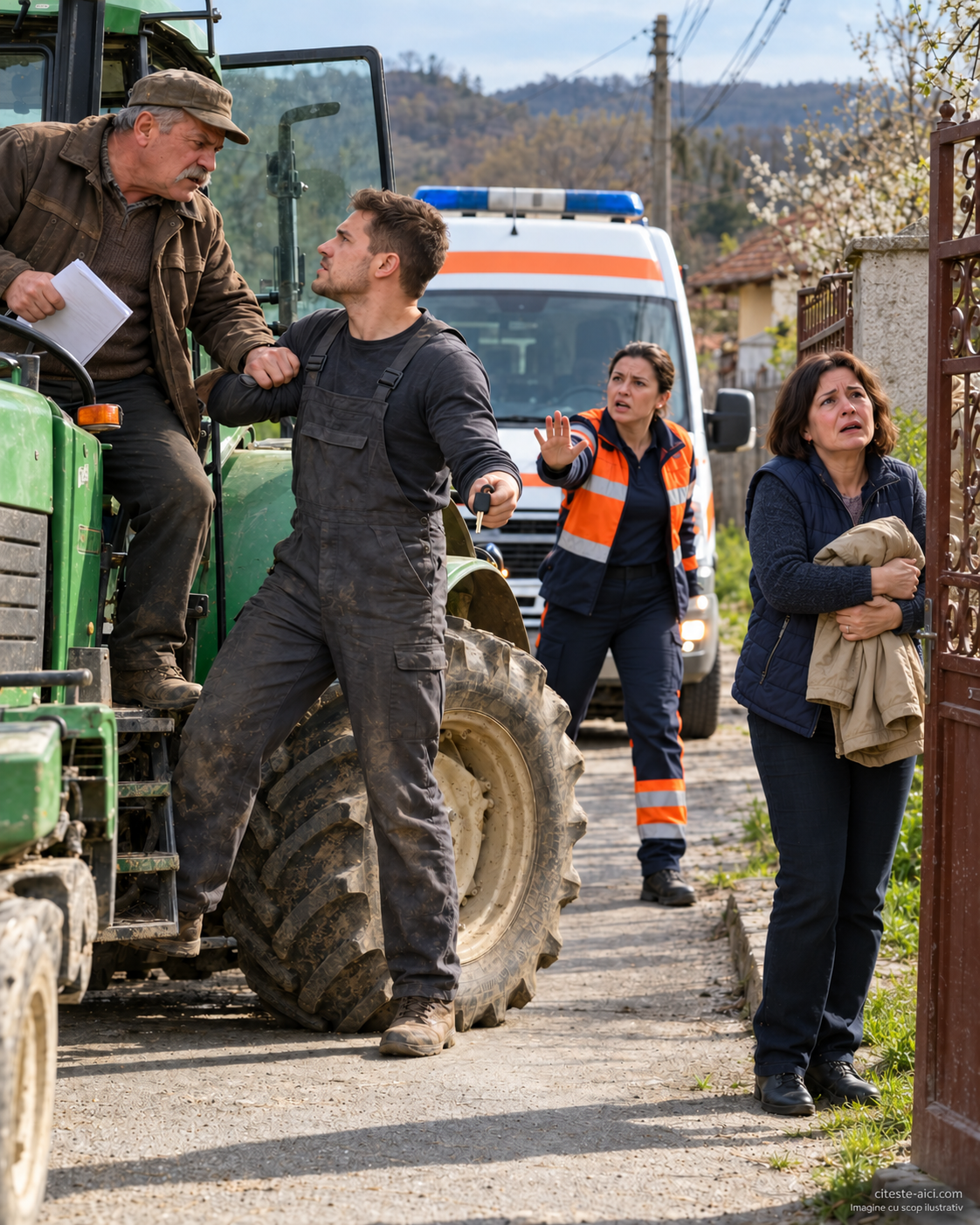 Un tractor verde blochează ambulanța; Andrei arată cheia de rezervă în fața tatălui, iar femeia de la poartă ține geaca pacientului.