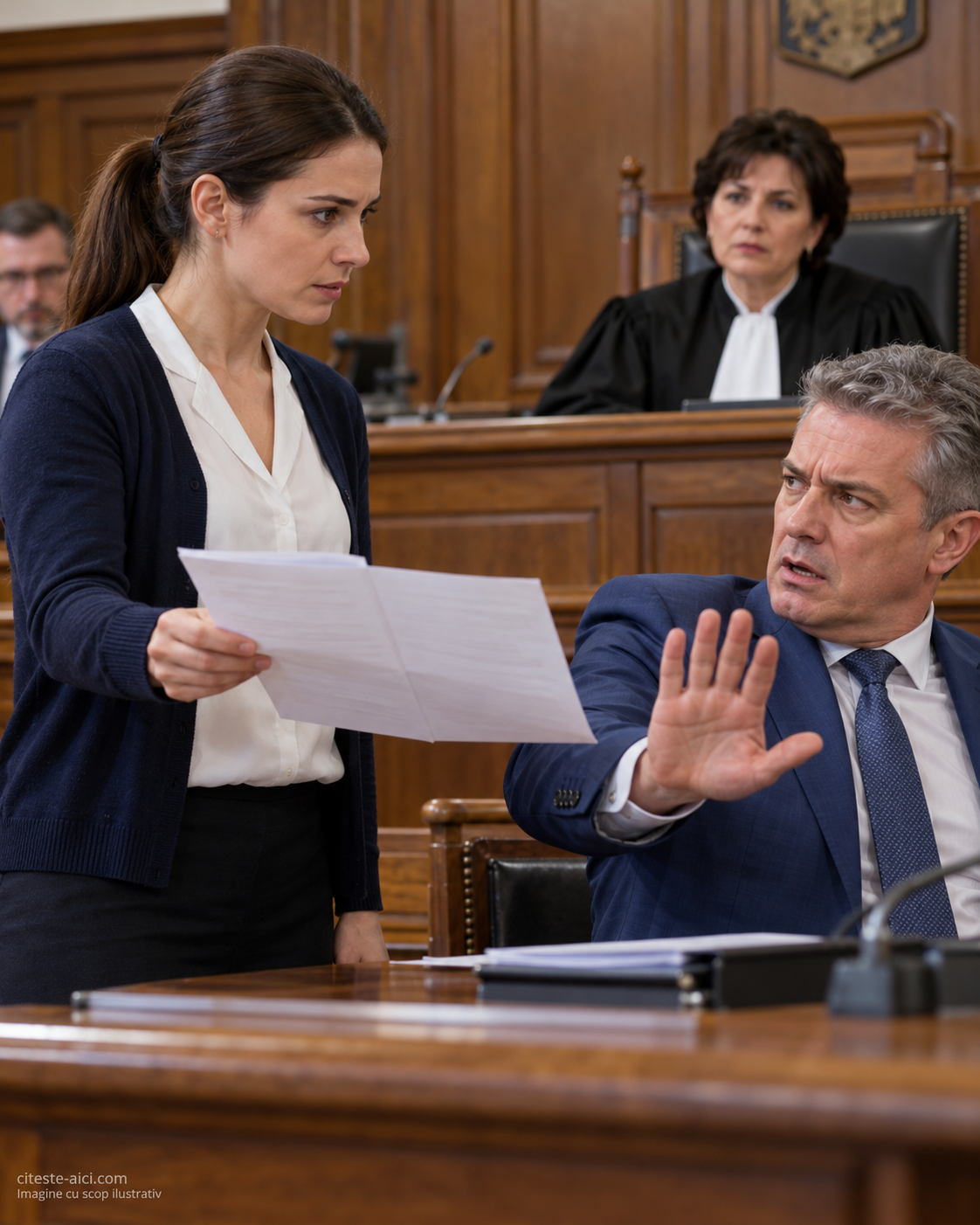 Natalia întoarce documentul în fața fostului șef, în timp ce judecătoarea urmărește explicația în sala de judecată.