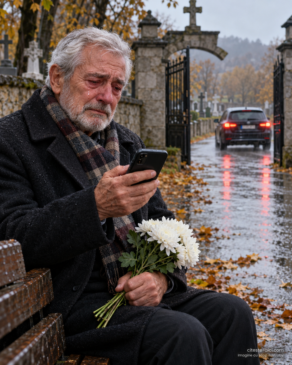 Gheorghe stă pe banca de la poarta cimitirului, cu telefonul și florile în mâini, în timp ce mașina familiei se îndepărtează.