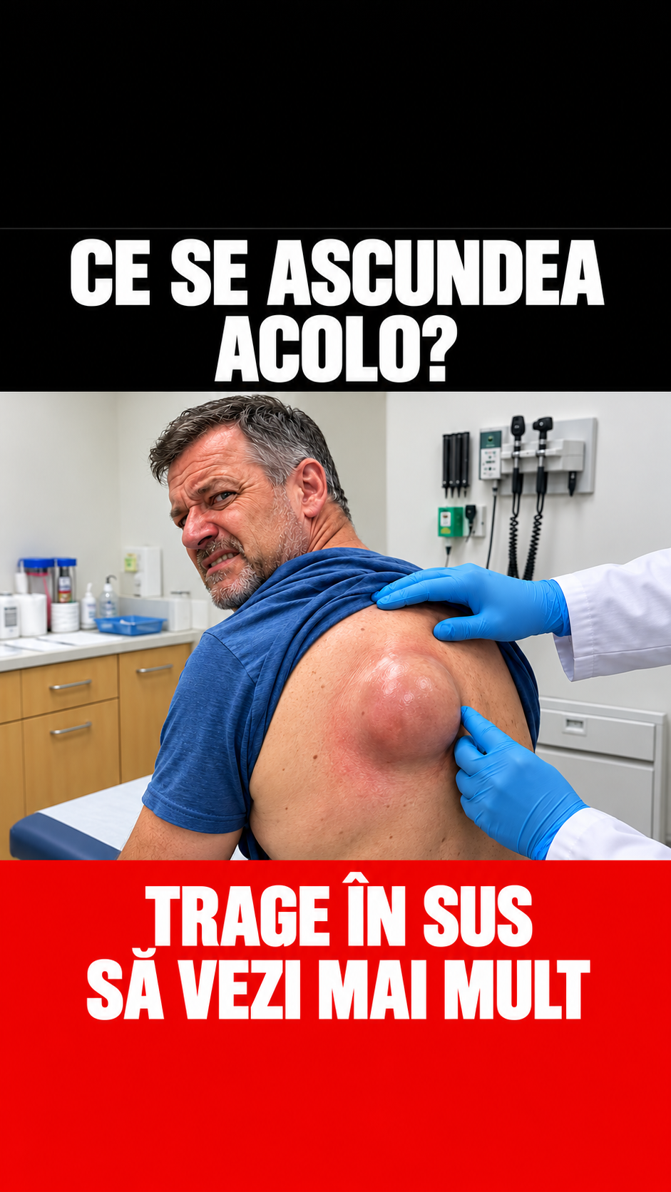 Ilustrație creată cu AI: un bărbat cu o umflătură pe spate, examinat de un medic.